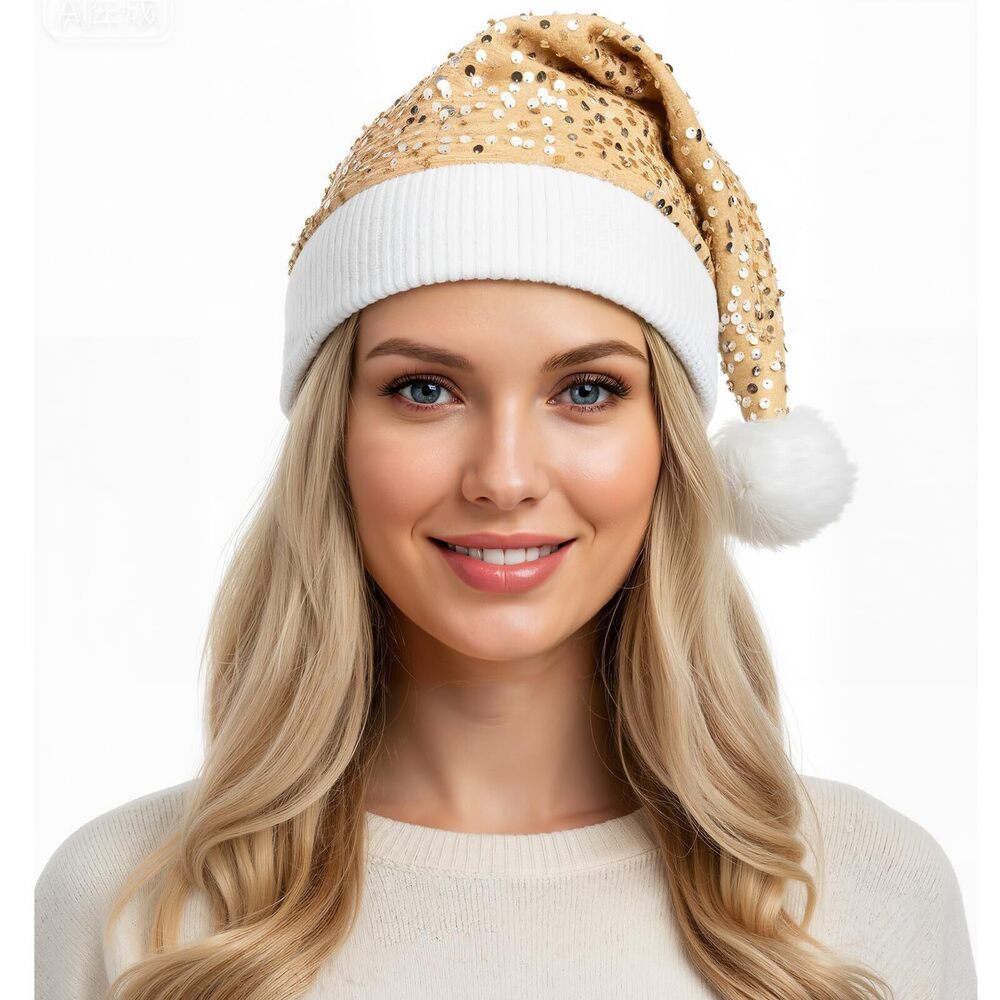 4597 Champagne Sequin Santa Hat Knitted Beanie Christmas Hat Shiny Santa